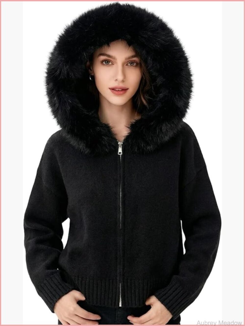 Faux Fur Trim Hoodie Cardigan Zip Up Long Sleeve Y2k Knit Sweater